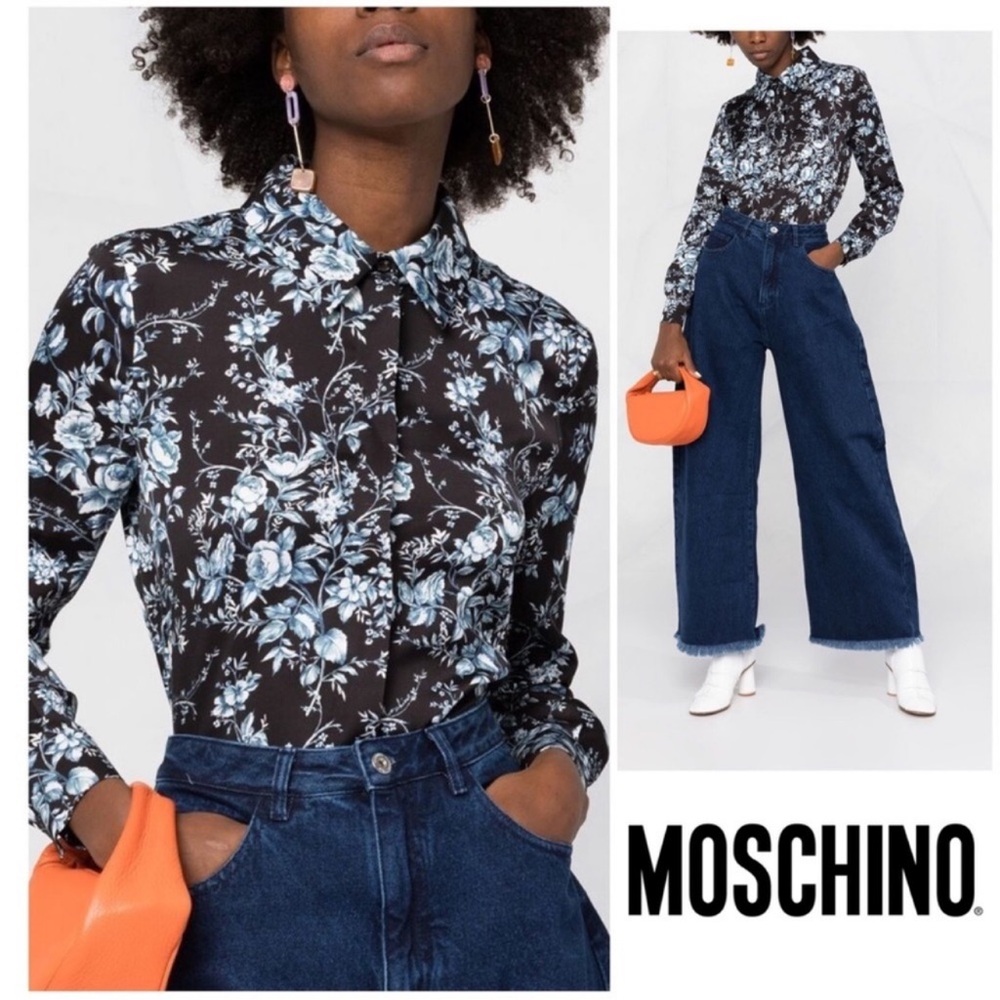 New! Rare BOUTIQUE MOSCHINO Logo Floral Print Button Down Shirt Blouse